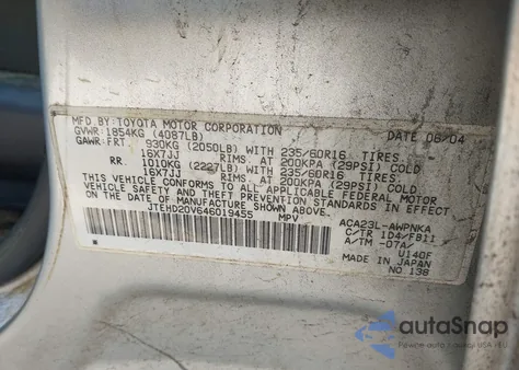 2004 Toyota Rav4 from USA, damaged, VIN JTEHD20V646019455